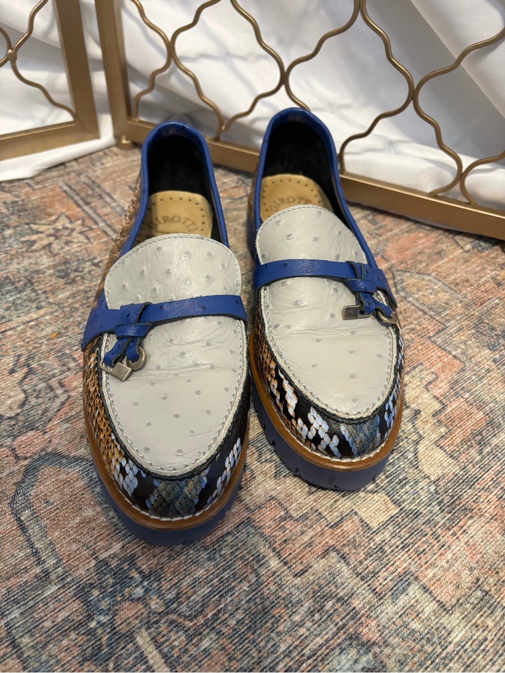 LIKE NEW Girotti Milano Cream & Blue Mixed-Material Italian Women's Loafers 38